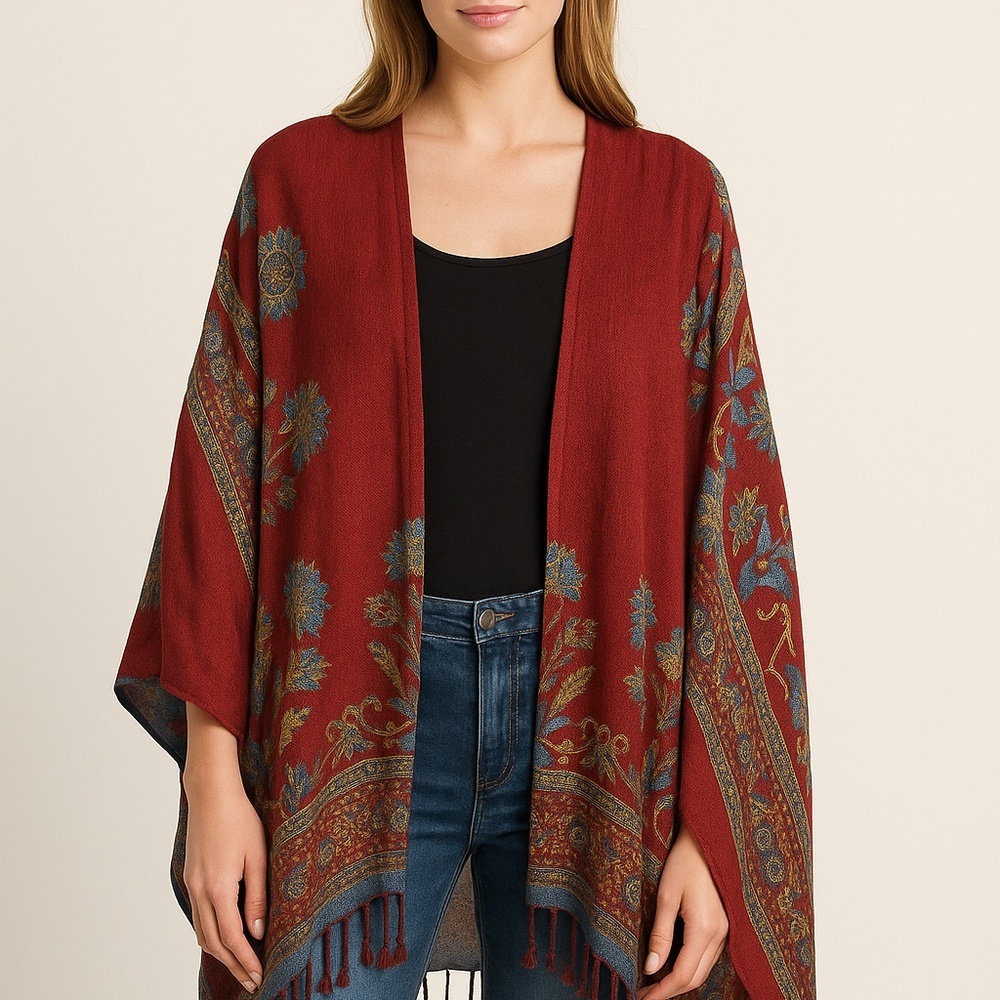 Colleen Lopez Boho Jacquard‎ Kimono Wrap – Red & Blue Floral